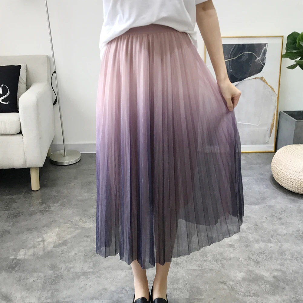 

LANSHANQUE Long Tulle Skirt Women 2019 Color Gradient Korean Elegant High Waist A-line Pleated School Midi Skirt Female