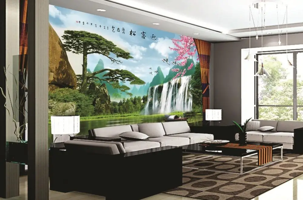 

Custom mural large 3D Chinese style landscape welcoming pine waterfall bird behind TV sofa as background wallpaper in the living