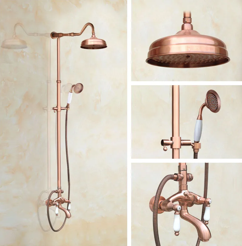 

Antique Red Copper Brass Wall Mounted Bathroom 8" Round Rain Shower Head Faucet Set Dual Ceramic Handles Tub Mixer Tap mrg629