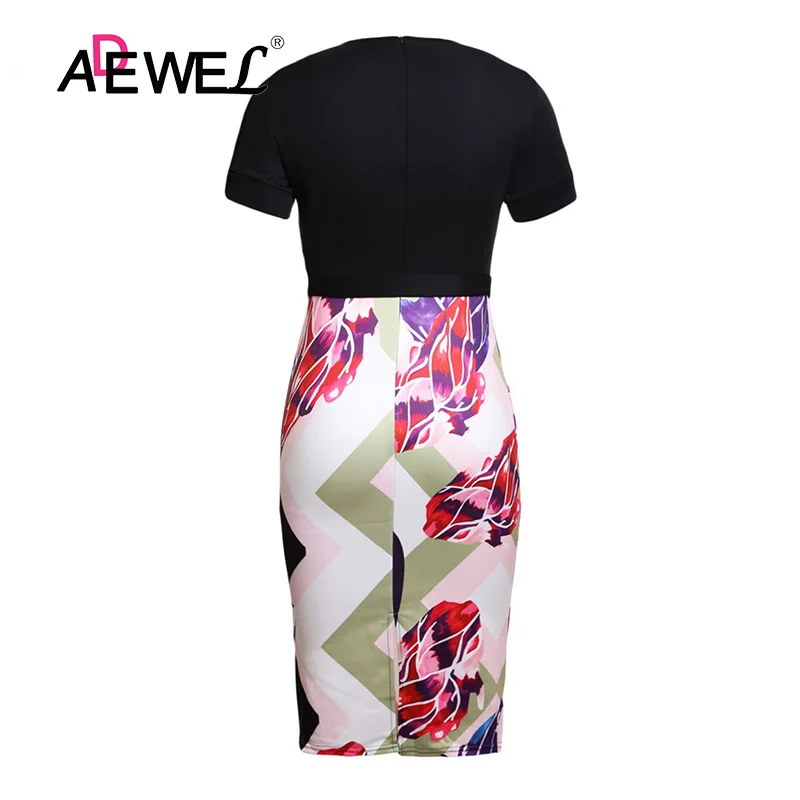 black Floral Print Short Sleeve Pencil Midi Dress 