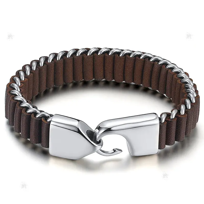 

2018 Brown Black Leather Bracelet Men Jewelry Pulseras Hombre Stainless Steel Hook Bracelets Punk Rock Handmade Mens Jewellery