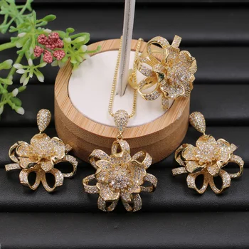 

Lanyika Jewelry Set Elegant Ribbon Flower Full Micro Paved Necklace with Earrings and Ring Anniversary Engagement Luxury Gifts