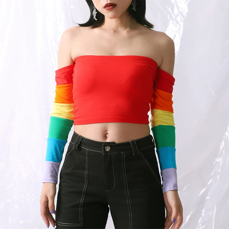 

Harajuku Rainbow T-Shirt Women Long Sleeve Slash Neck Tights Short Tops Tee Rainbow Stripes T Shirt Streetwear