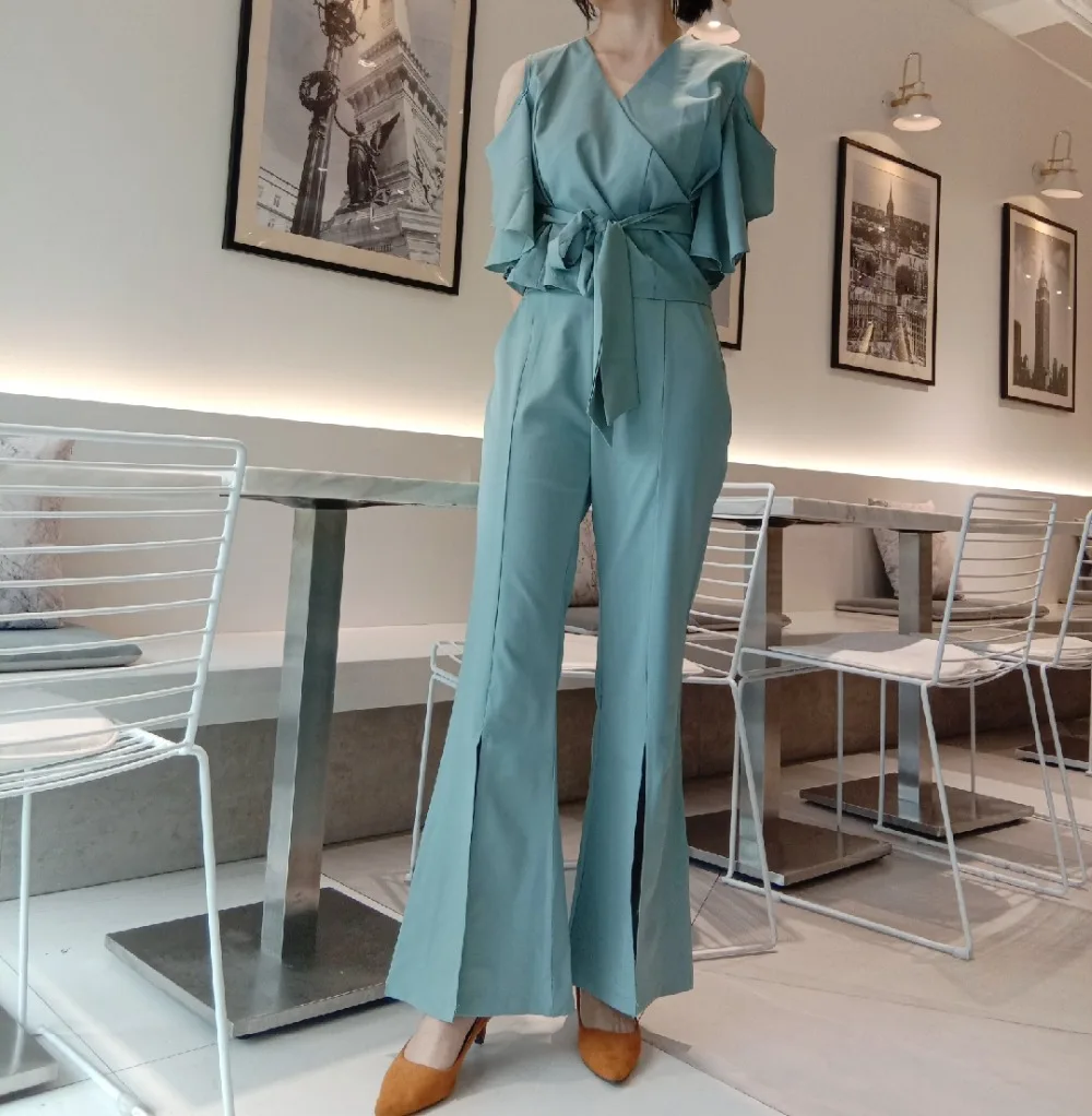 SHTONGHUA Модный комплект из 2 предметов, женские синие длинные штаны, летний комплект с расклешенными рукавами, сексуальные топы с v-образным вырезом и бантом+ раздельные Брюки-клеш, костюм