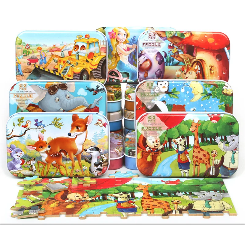 

60PCS Wooden Puzzle Kids Toy Cartoon Animal Wood Jigsaw Puzzles Early Educational Learning Color Puzzle Toys for Christmas Gift