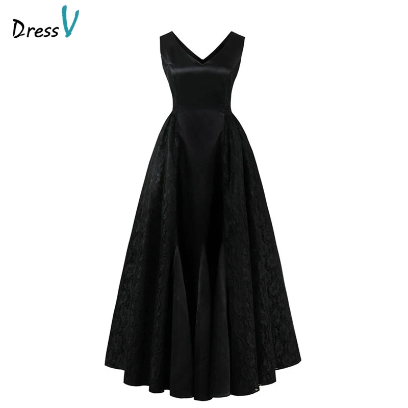 Dressv black prom dress cheap elegant sample v neck zipper up lace a