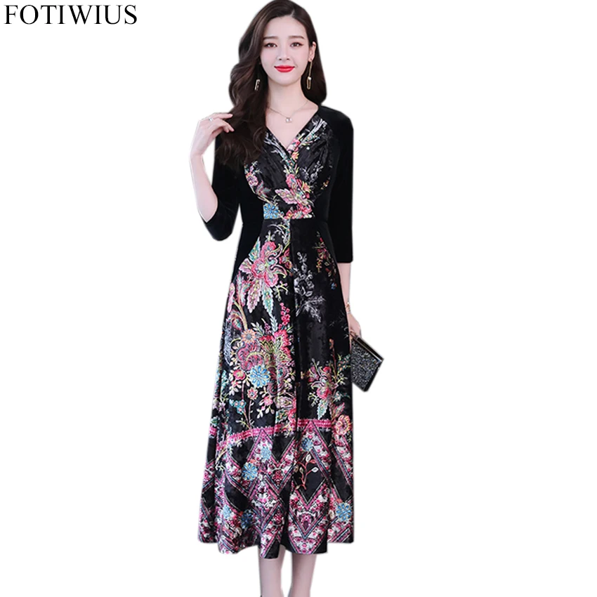 2019 Spring Velvet Dress Women Plus Size Dresses Elegant Vintage Floral ...