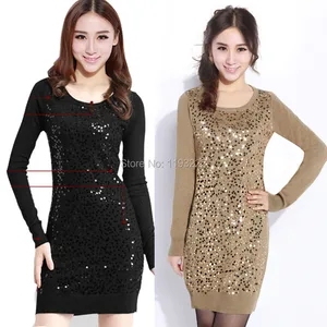Women Lady Sexy Sequins BlingBling O Neck Bodycon Long Sleeve Knitted Knitwear Sweater Dress Shirts Mini Dress