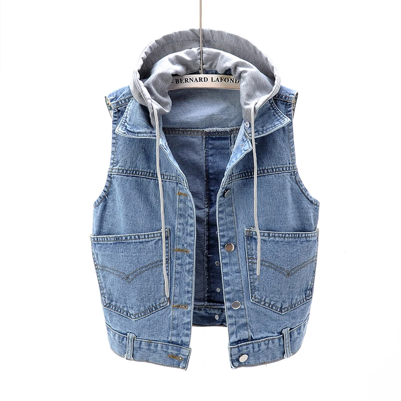 

MUMUZI 2019 autumn new hooded denim vest women short coat vest sleeveless waistcoat with pockets all match blue vest