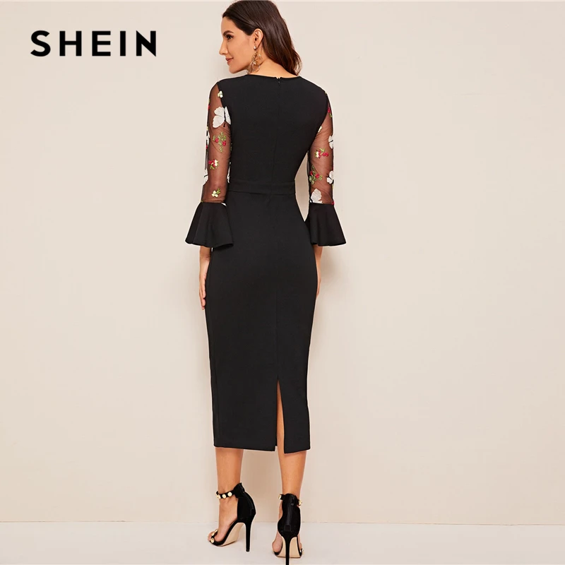 SHEIN Черное длинное платье-карандаш с объемной аппликацией и вышивкой в сеточку, осень, приталенные элегантные платья с рукавами-воланами и высокой талией