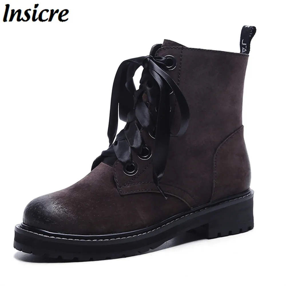 

Insicre pigskin women ankle boots size 32-41 low heel 3.5 cm autumn/winter riband lace-up platform woman western shoe round toe