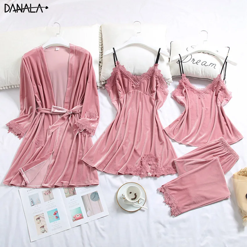 DANALA, сексуальный женский халат и платье, наборы, кружевной Халат+ ночная сорочка, 4 штуки, пижамы, Женский комплект для сна, бархатный халат, Femme, кружево