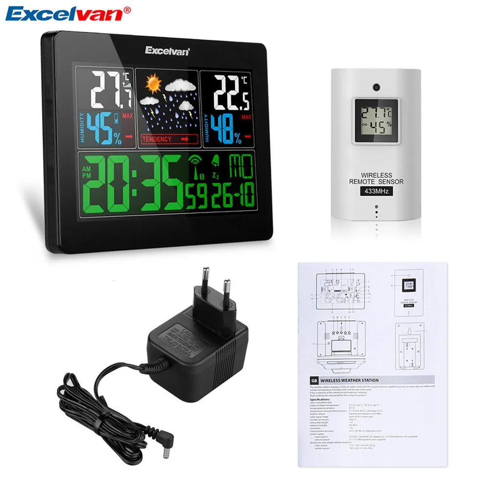 EXCELVAN COLOR Wireless Weather Station With Forecast Temperature Humidity EU Plug Alarm and Snooze Thermometer Hygrometer Clock11