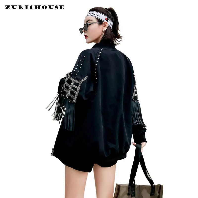 

ZURICHOUSE Europe Style Rivet Tassel Bomber Jacket Vintage Harajuku Jacket Baseball Coat Female Loose Streetwear Basic Coat