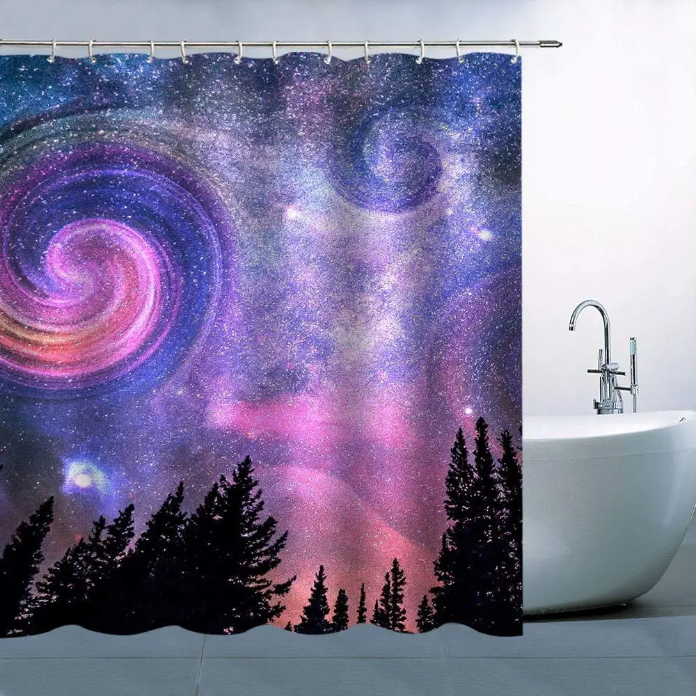 

Personality Starry Sky Theme Shower Curtain Dark Forest Bright Starry Sky Colorful Spiral Pattern Waterproof
