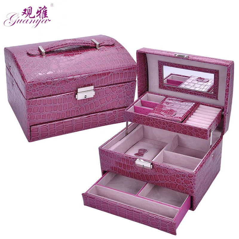 

Guanya jewelry box ring earrings earring jewelry storage box leather three-tier jewelry box with mirror