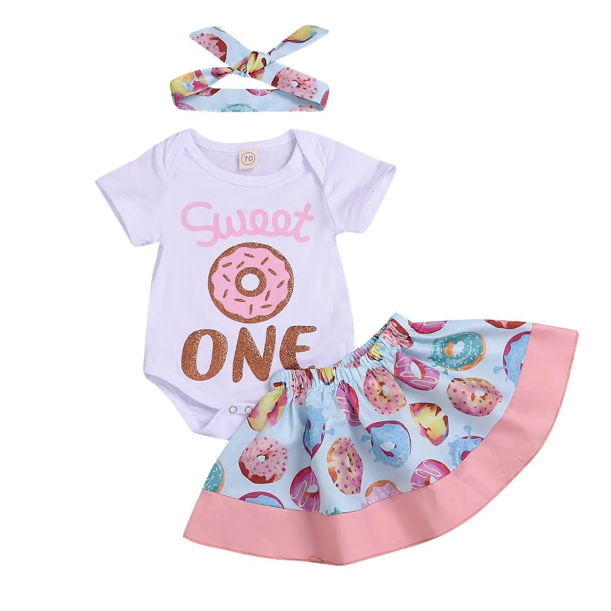 

3pcs Summer Hot Baby Girl Clothes Set White Short Sleelve Romper Tops Sweet One Print + Donut Print Skirt Outfits Baby Clothes