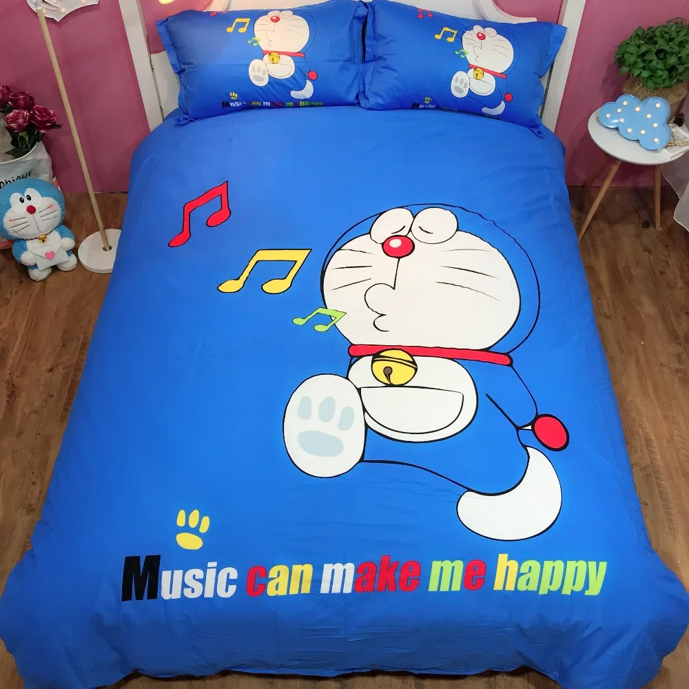 Cartoon cute 3D blue white music Doraemon Bedding Set kids boys Gift