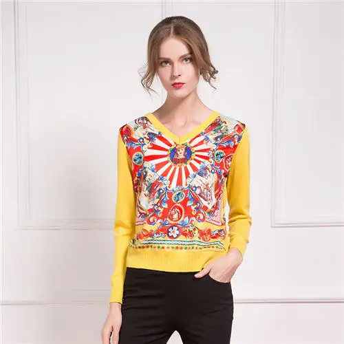 Осень, дизайнерский свитер с v-образным вырезом и принтом, свитер женский, шерстяной эластичный трикотаж, женский шерстяной Модный пуловер, Свободный вязаный - Цвет: Yellow