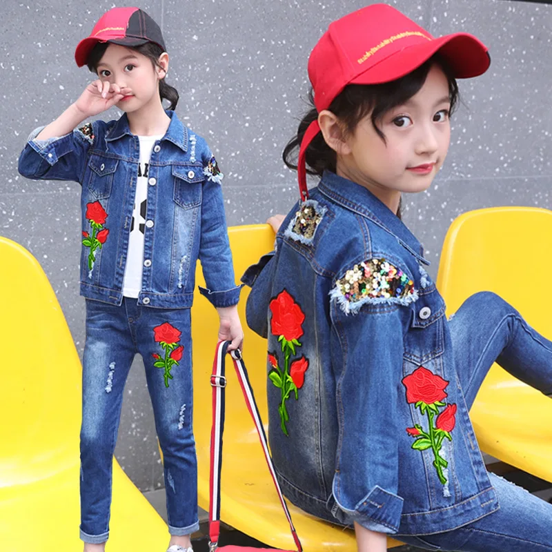 

Girls Clothing Sets 2019 Fashion Korean Kids Clothes High Quality Teen Girls Clothing Red Flower Denim Suit Sequins Jackets New