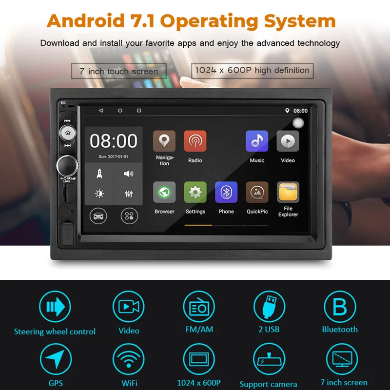 

7-inch Car Multimedia Player 2G (RAM) + 32G (ROM) Android 7.1 Bluetooth 4.0 GPS Navigation