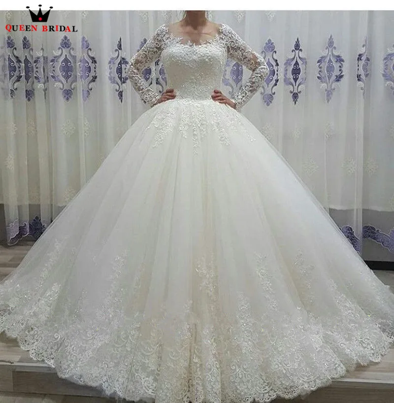 

Custom Made Ball Gown Fluffy Lace Tulle Long Sleeve Elegant Formal Bride Wedding Dresses Wedding Gowns Vestido De Noiva JW97