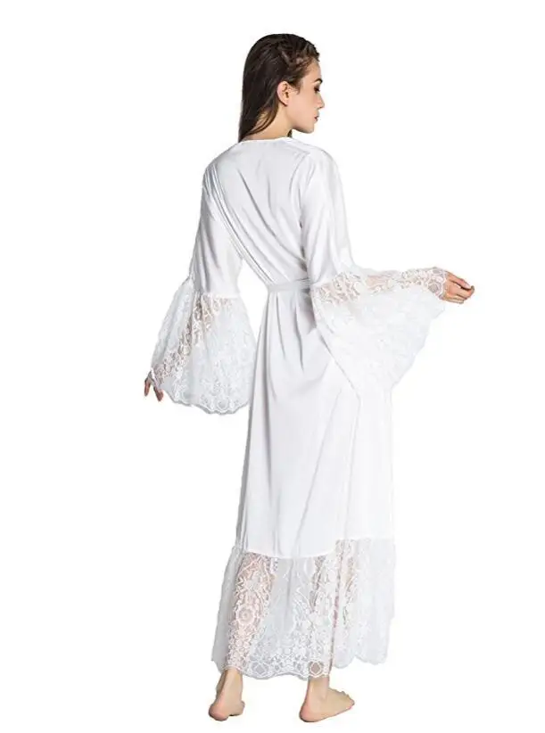 Летнее кружевное лоскутное атласное кимоно халат сексуальная одежда для сна Нижнее белье сорочка женская шелковая длинная ночная рубашка Свадебные халаты для подружек невесты - Цвет: Белый