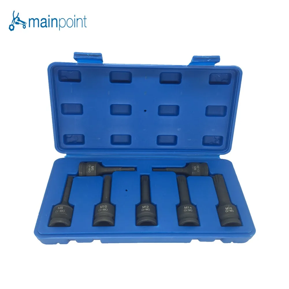 

Mainpoint 1/2" Drive Impact Spline Bit Socket Set 7Pcs Cr-Mo M5 M6 M8 M10 M12 M14 M16 Long Black Impact Socket Bits Sets Tools