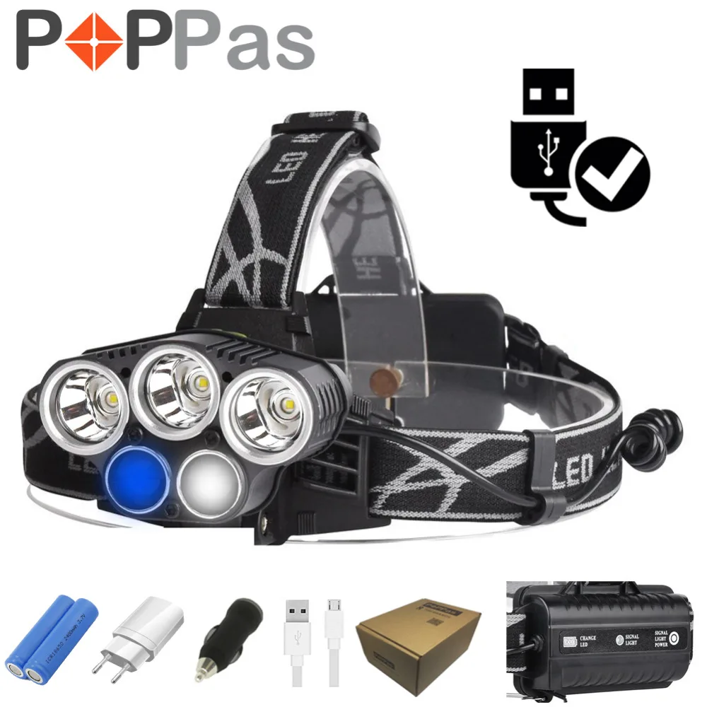Poppas USB фары 3XML T6 2R2 5 режимов аккумуляторная фонарик высокой мощности светодиодные