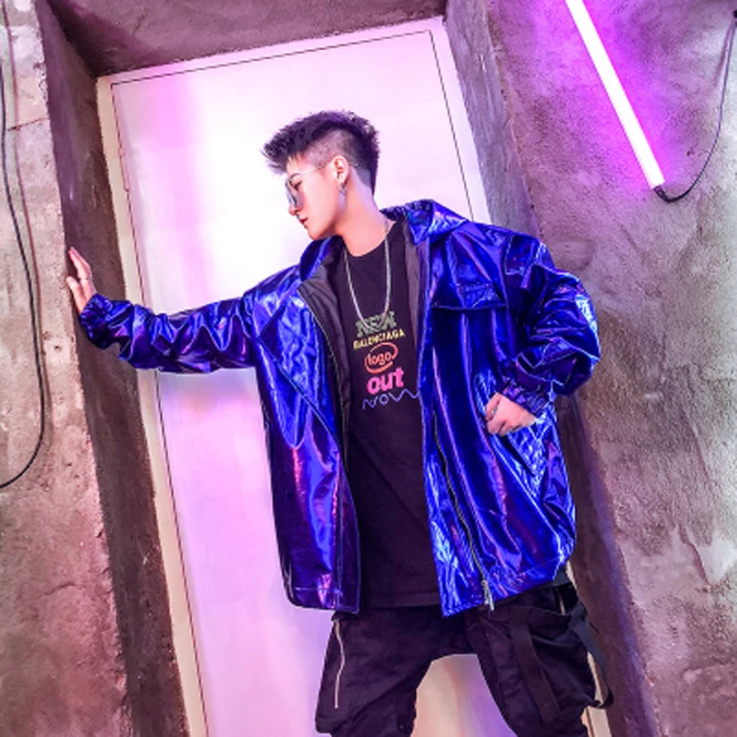 Fashion Bright PU Leather Mens Windbreaker Jackets Hooded Hip Hop Streetwear Bomber Jacket Male Nightclub Coat