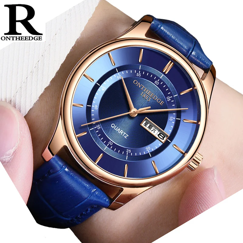 

OnTheEdge casual Business watch for man Fashion Leather Band Men's Quartz Watches Analog Week/Date Waterproof male clock