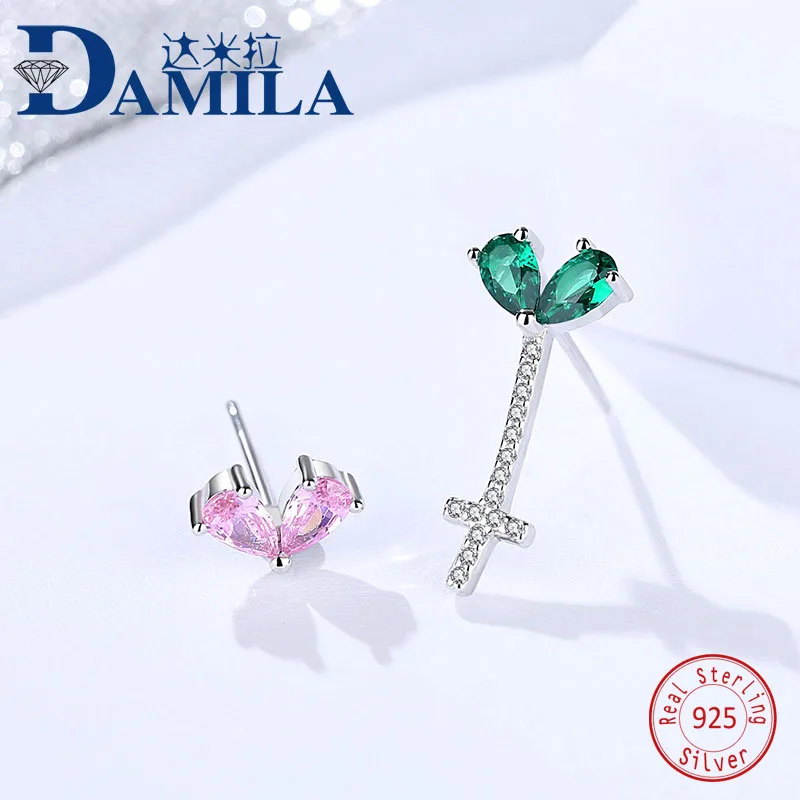 

Fashion Asymmetry crystal 925 sterling silver earings for women Silver S925 jewelry stud earring cz cute earing female