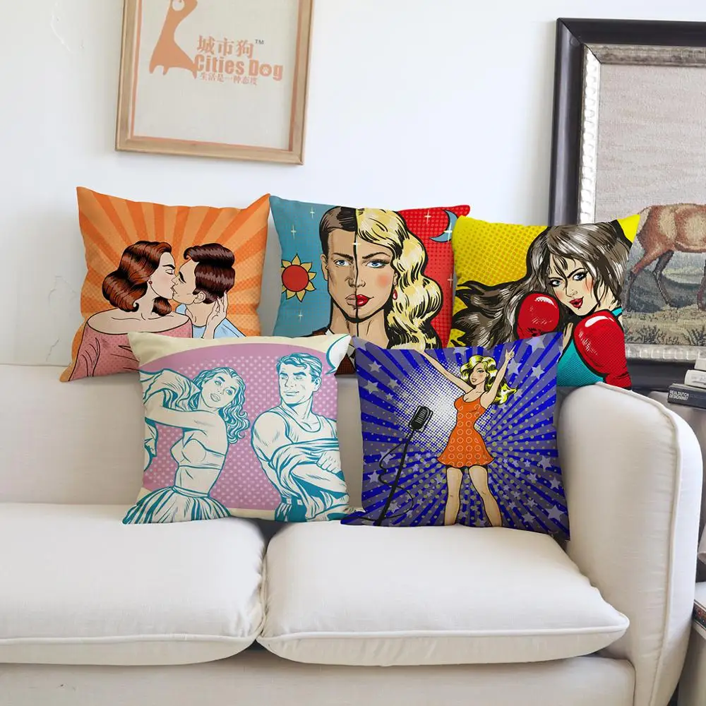 

Cartoon Pop art character cushion cover Pillow linen illustration Works Home sofa cojines Decoration cushions covers Pillowcase