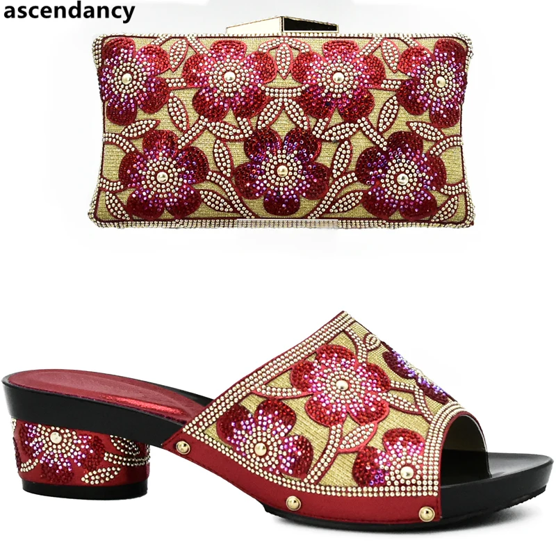 

New Arrival Red Color Matching Shoes and Bag Set In Heels Sales In Women Matching Shoes and Bag Set Decorated with Rhinestone