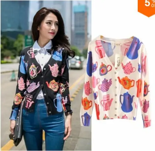 European Style Brand Sweater Womens Cardigan colorful teapot printing