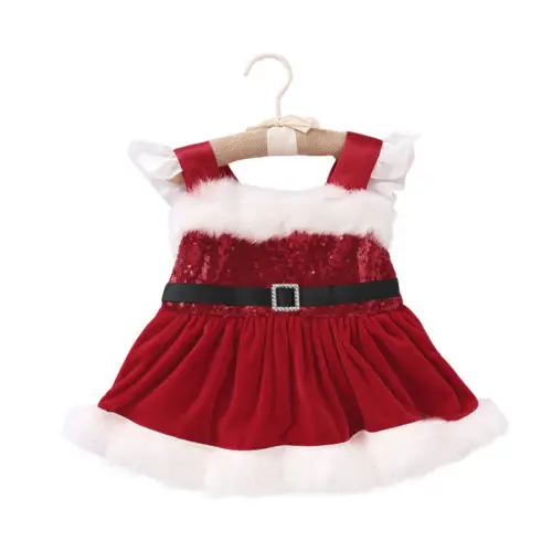 

2018 Brand New Cute Newborn Baby Girls Christmas Princess Party Dress Sequined Flutter Sleeve Strap Fluff Velvet Dress Set 0-18M