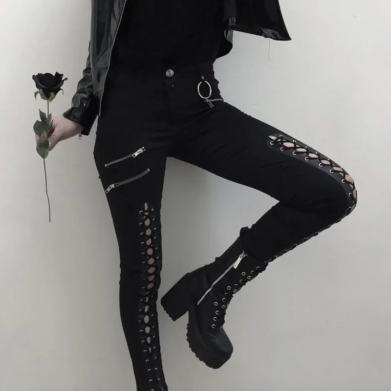 

JIEZuoFang Casual Gothic Black Chic Punk Hip Hop Skinny Solid Zipper Lace Up Spring 2019 High Street Female Fashion Pencil Pants