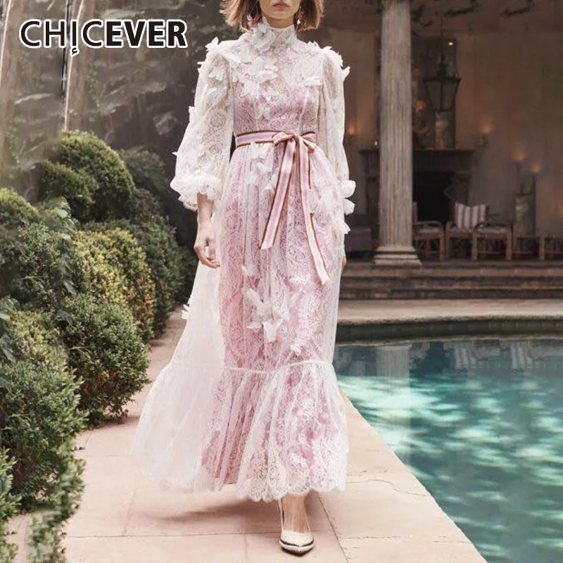 

CHICEVER Embroidery A Line Dress Female Stand Collar Lantern Sleeve Bandage Bow High Waist Dresses For Women Fashion New Autumn