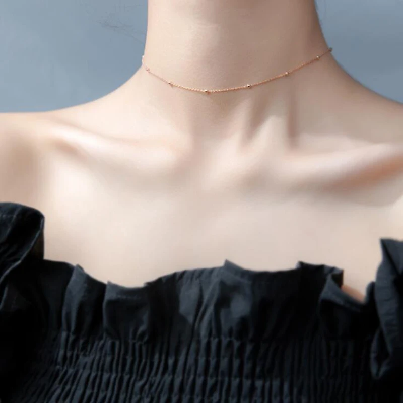 Тонкое 925 пробы Серебряное ожерелье-чокер с бусинами для женщин и девочек, розовое золото, комплект ювелирных изделий с цепочкой и застежкой-Омаром