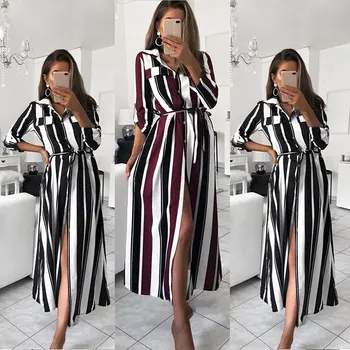 

Office Lady Striped Sashes Long Women Dress Turn-down Collar Long Sleeve Shirt Slim Dresses 2020 Autumn Fashion Woman Vestidos