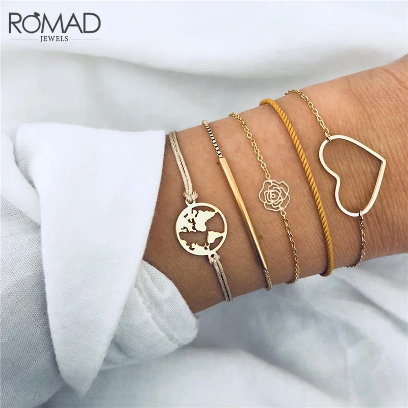 

ROMAD 5pcs Elegant Women's Rose Flower Bangle Cuff Bracelet Jewelry Gold Color Heart Shape Hollow Bangle Set Mix Style R4
