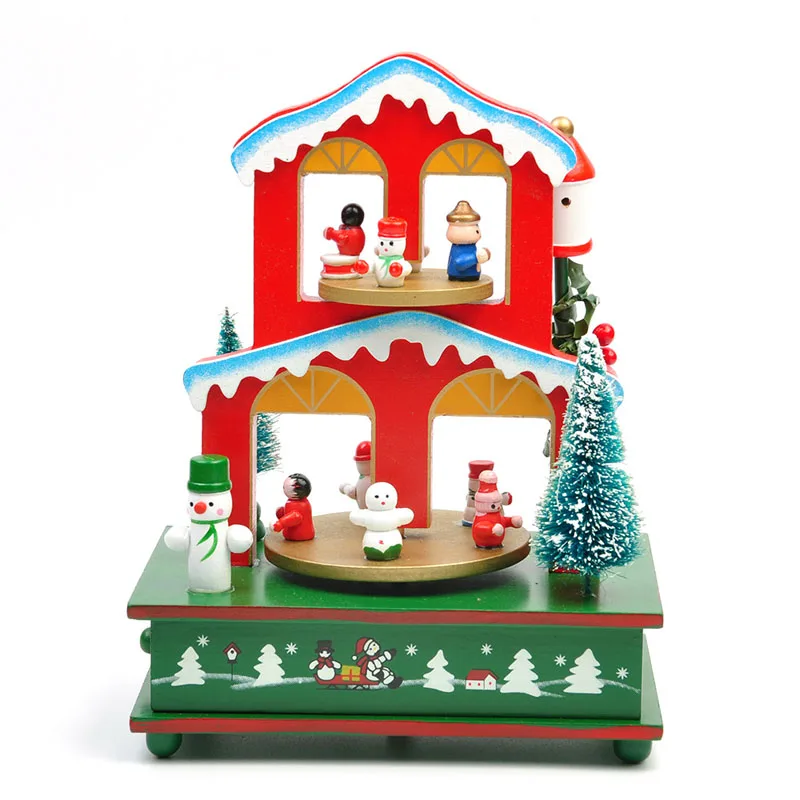 Милый мультфильм красочный деревянный вращающийся Jingle Bells музыкальная шкатулка Рождество Украшение стола Новый год партия Рождество