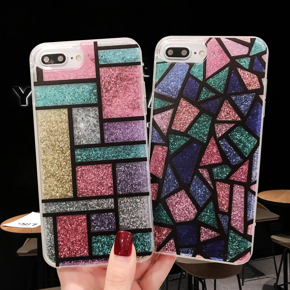 

Multi-color Liquid Quicksand Phone Case for IPHONE XS MAX Case Geometric Cover for Iphone X XS XR 6 7 8 PLUS Glitter Back Conque