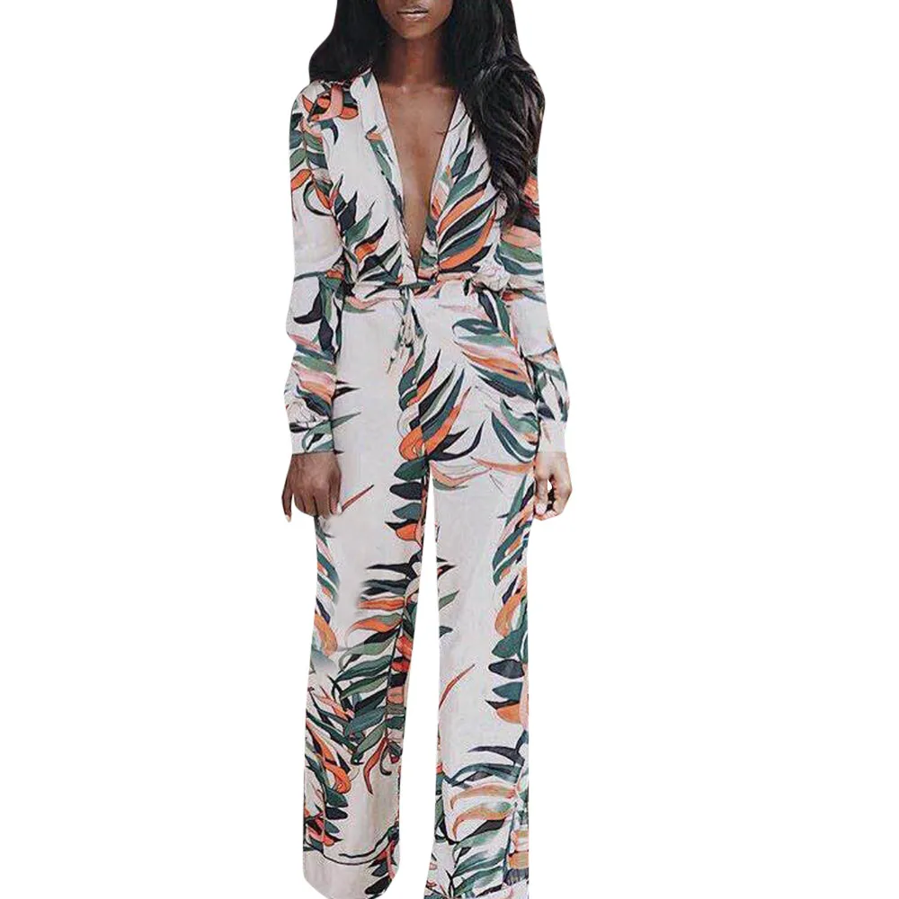 

Women Jumpsuit Elegant Boho Beach Sexy V-Neck Floral Leaf Printed Long Sleeve Sparkly Capelet Loose Jumpsuit Body Mujer #T