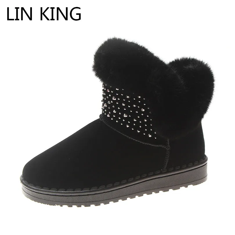 

LIN KING New Design Warm Fur Women Snow Boots Fashion Rhinestone Winter Short Boots Anti Skid Cotton Shoes Slip On Ladies Botas