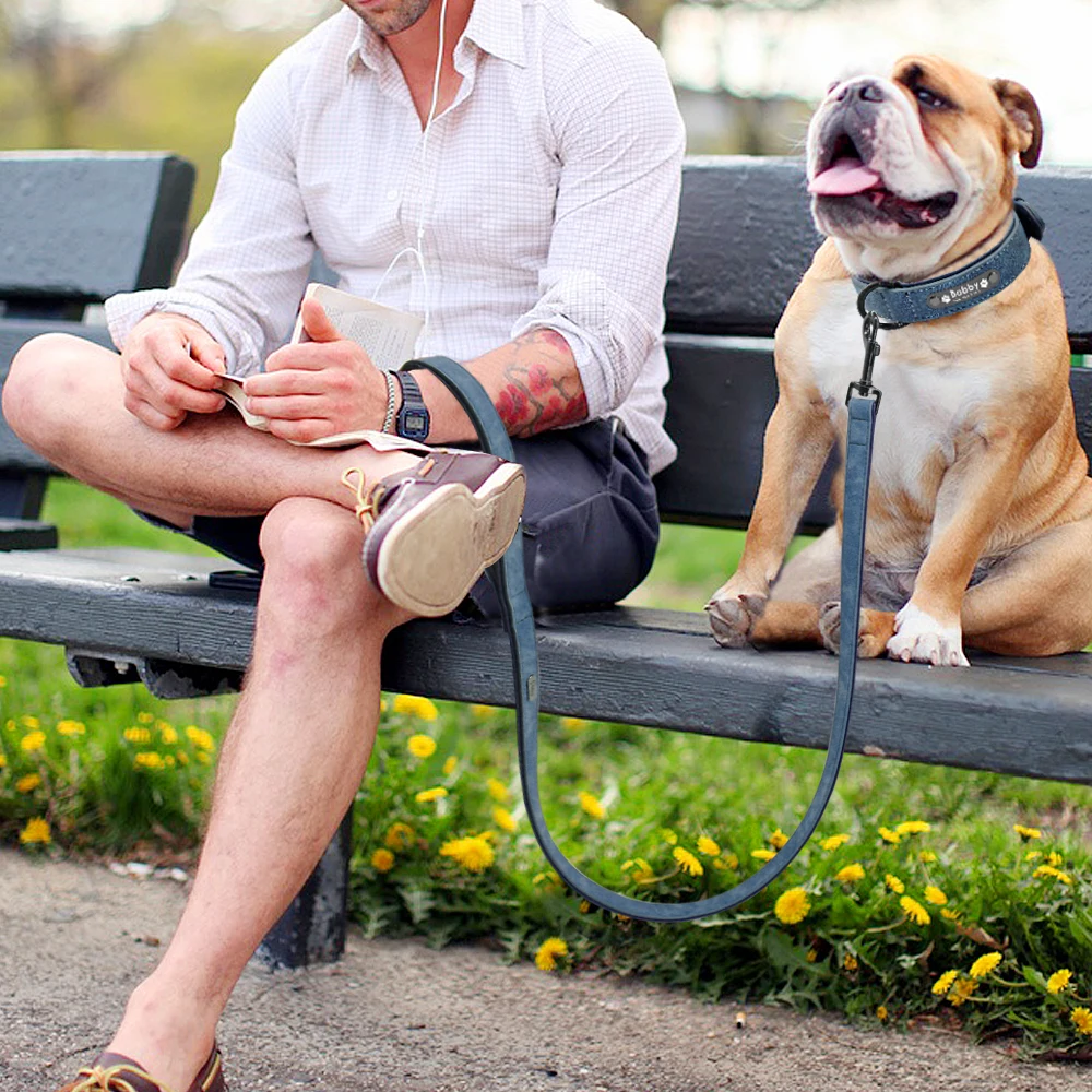 Dog collar Dog traction rope Pet leash set Personalized Dog Collar and Leash Leather Padded Engraved Dogs Collars Lead Rope Set Bulldog Pitbull