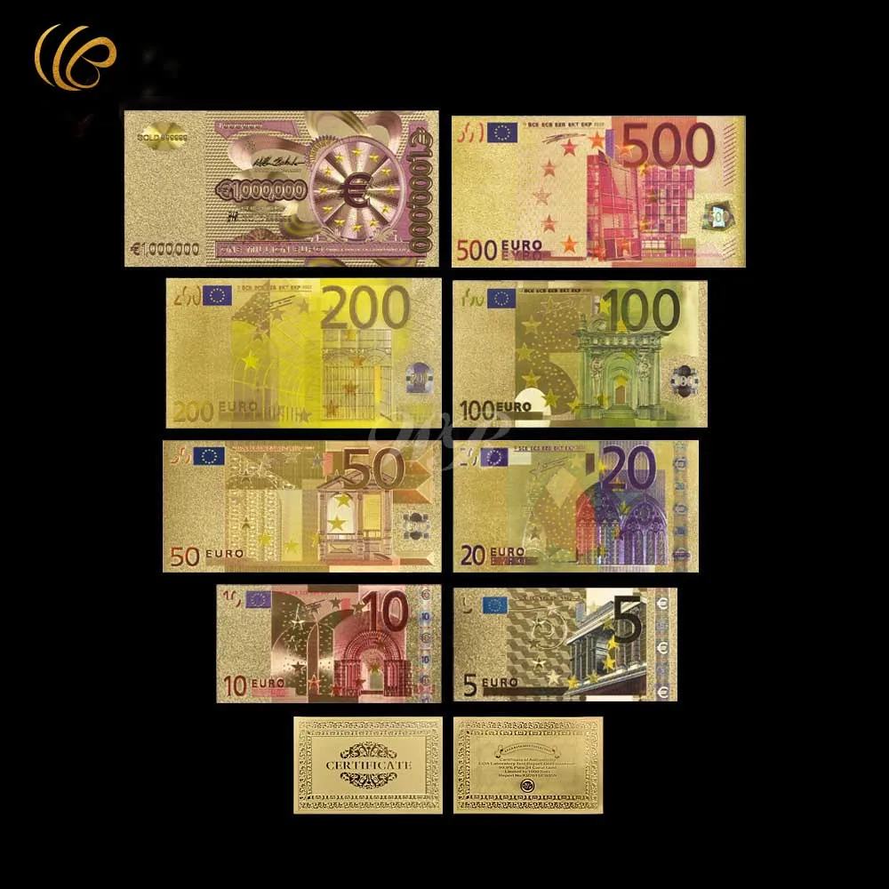 Горячая Красочные золотые Банкноты евро Позолоченные бумажные деньги 8 шт набор Золотая фольга банкноты с сертификатом карты стоит коллекция