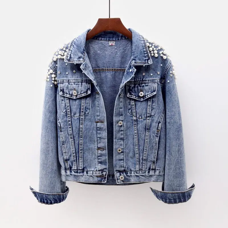 

Denim Jacket 2019 Spring Autumn Fashion Pearl Turn Down Collar Denim Jacket Women Three Quarter Sleeve Slim Jeans Jacket J284