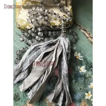 

Shabby Boho Chic Matte Grey Beads Silver Sari Silk Tassel Necklace Versatile Accessory Fun Jewelry 32inch NM18227