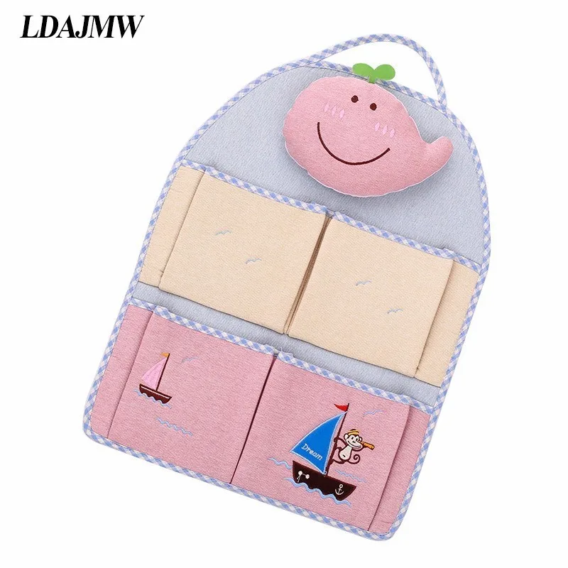 LDAJMW Linen Cartoon Monkey Embroidery 1-4 Pockets Wall Hanging Storage Bag Children Room Organizer Pouch
